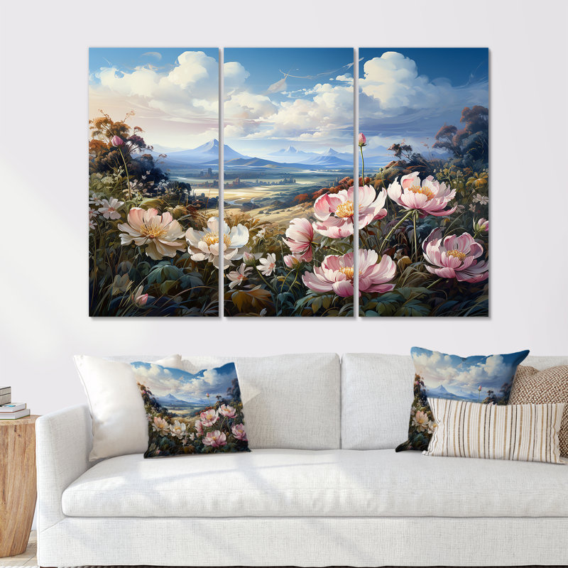 Mauve champ de pivoines en montagne, ensemble d'art mural pivoines, H 32 po x l 48 po x P 1 po