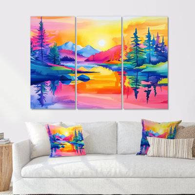Lac au coucher du soleil, montagnes, Horizons I - ensemble d'art mural montagnes