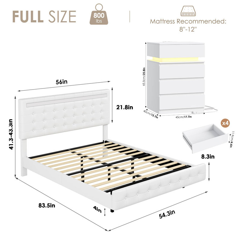 Ensemble de chambre à coucher 3 pièces, lit de rangement avec 4 tiroirs et table de chevet 6 tiroirs, Full/ Double, Blanc