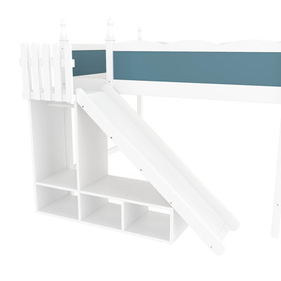 Grand lit mezzanine avec tablettes de rangement et garde-robe, lits mezzanine en bois massif avec glissières amovibles et échelles, aucune boîte à ressorts nécessaire, bleu et blanc (protection par brevet)