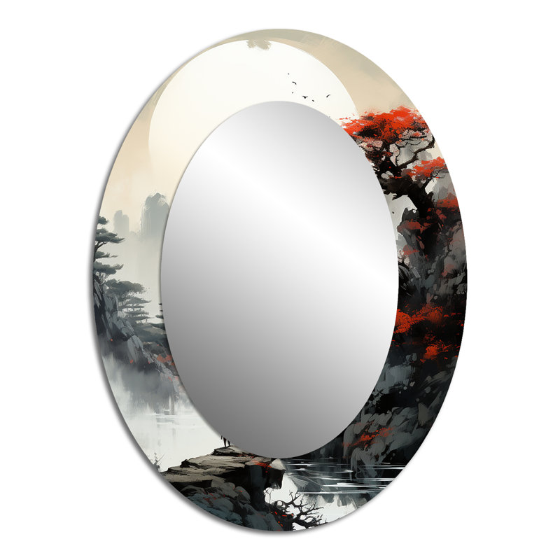 Asian Art Samurais Landscape III - Mid-Century Modern Oval Wall Mirror, 40" x 30"