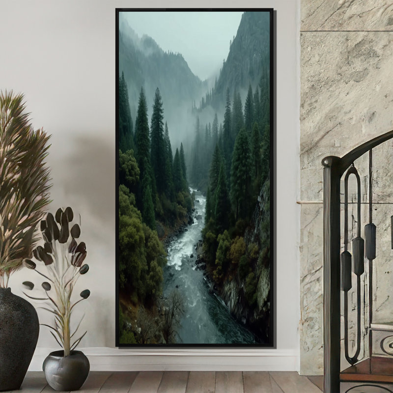 «Morning Mist In The Vancouver Mountains - Forest River Mountains», impressions sur toile, paysage vert, H 60 po x l 28 po