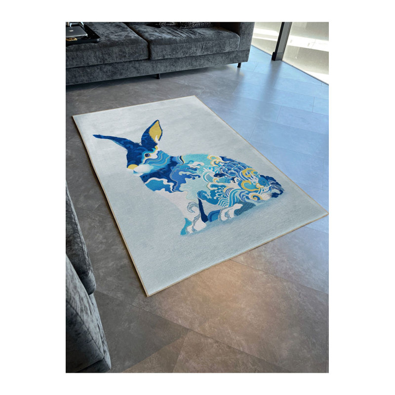 Tapis bleu lavable décoratif moderne à motif de lapin bleu, Rectangle 3 pi 3 po x 4 pi 11 po