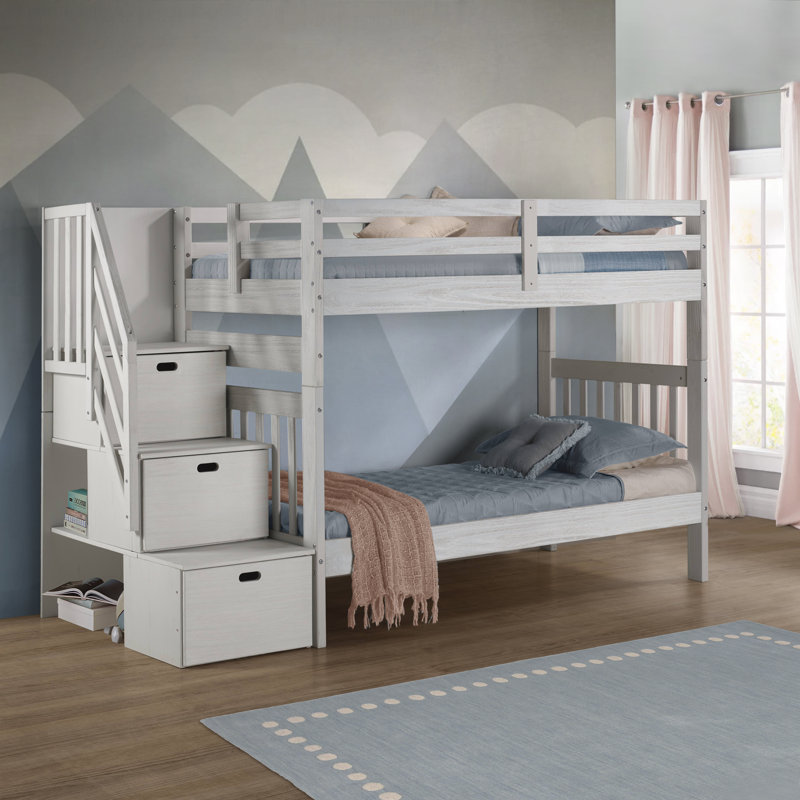 Ahmia Kids Twin Over Twin Bunk Bed, White Mist