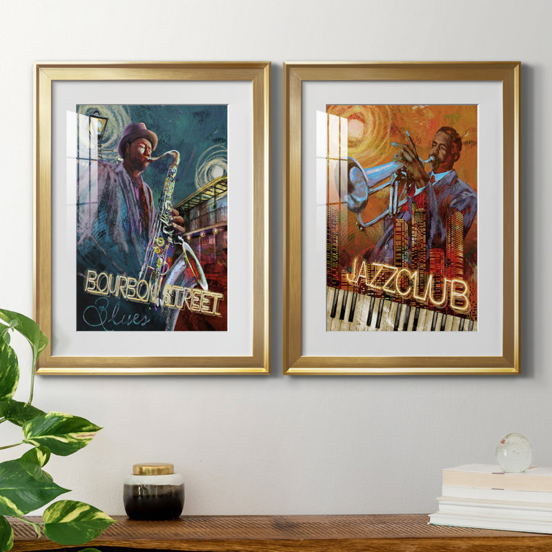 Bourbon Street Blues - ensemble de 2 reproductions sur papier, H 18,5 po x l 49 po x P 1,5 po, Papier encadré doré, Blanc
