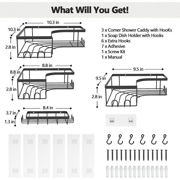 Corner Shower Caddy, 3-Pack Adhesive Shower Caddy with Soap Holder