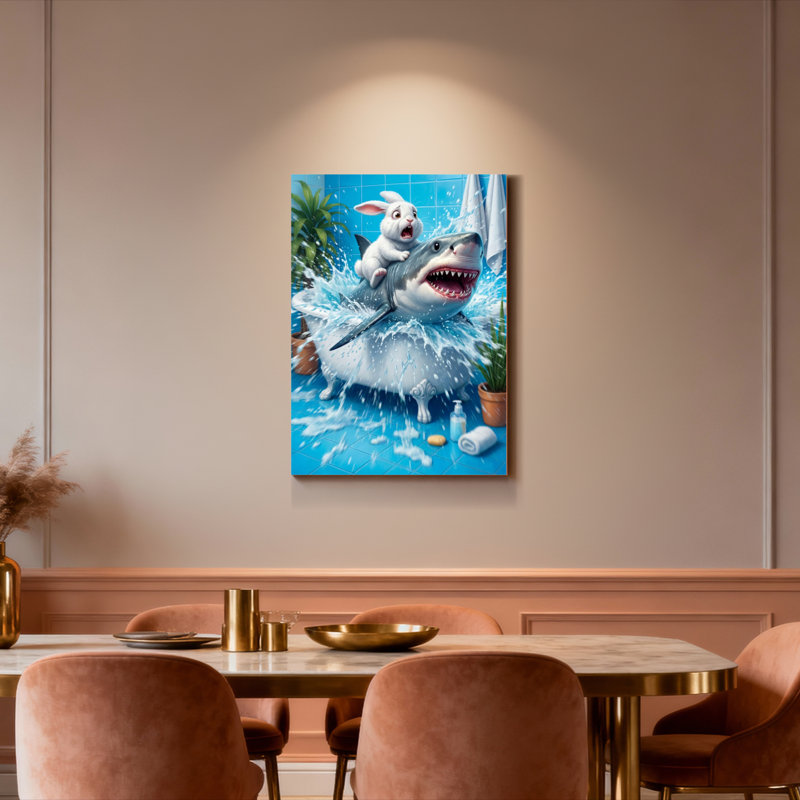 Shark And Bunny In Bathroom Canvas Wrapped Wall Art Oil Painting Print Set Of 1, 30" H x 20" W