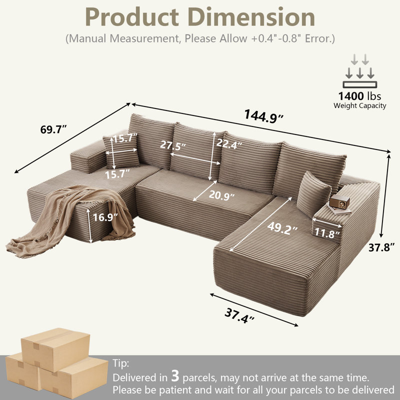 Canapé modulaire Boneless Cloud pour salon, grand canapé en forme de U avec 6 coussins, canapé moelleux en velours côtelé 144,9 x 69,7 po avec assise profonde gauche et droite, sans assemblage