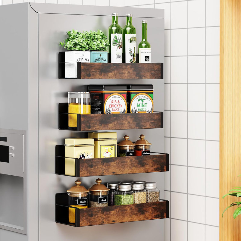 4 Pack Moveable Fridge Magnetic Spice Racks,Metal(Wood)
