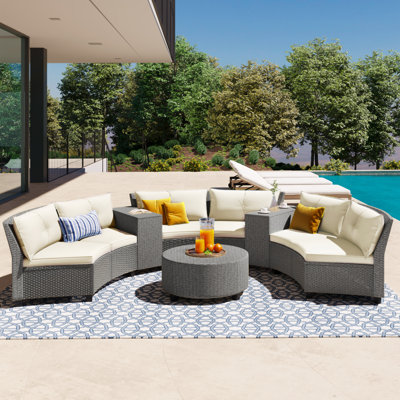 Combinaison en rotin U_Style pour 6 personnes avec coussins et table, idéale pour le jardin