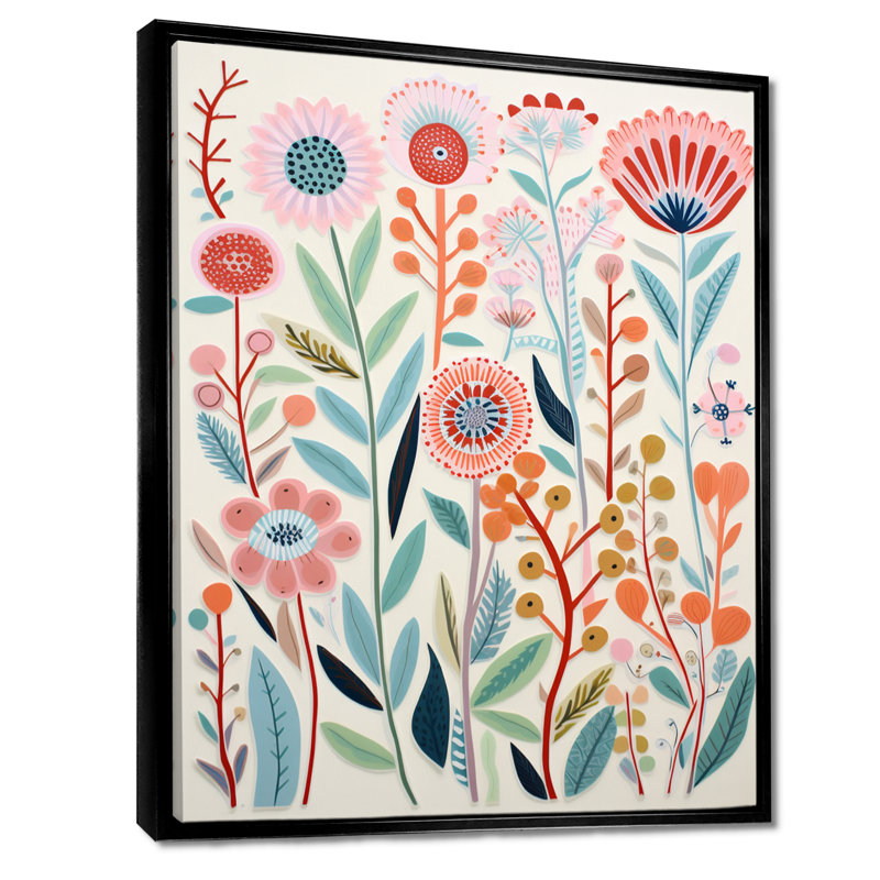 Blooming Wildflowers Retro Illustration - Botanicals Wall Art Living Room, Toile avec cadre flottant noir