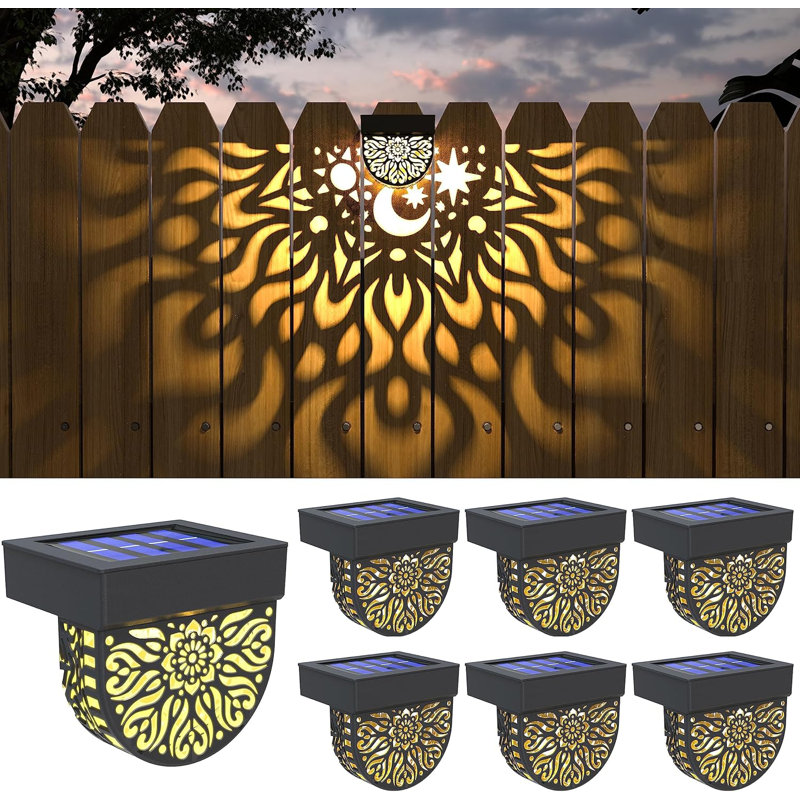 Solar Fence Lights Outdoor Sun and Moon Solar Step Wall Lights Garden Decor(pack of 6), Matte Black