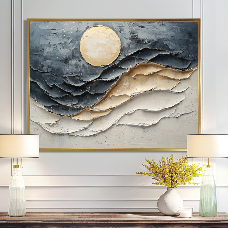 Lune éclipse suprématisme Collage II, H 34 po x l 44 po, Cadre flottant, Doré