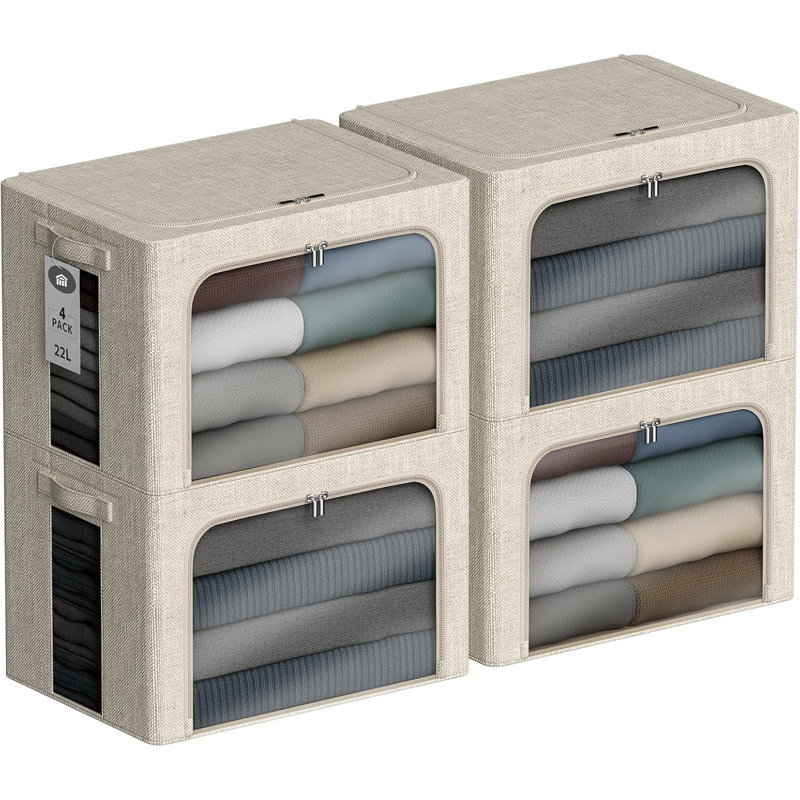 4 Pack Stackable Clothes Storage Bins With Metal Frame And Lids - Foldable Fabric Storage Containers With Clear Windows, Zippers & Handles For Home Organization