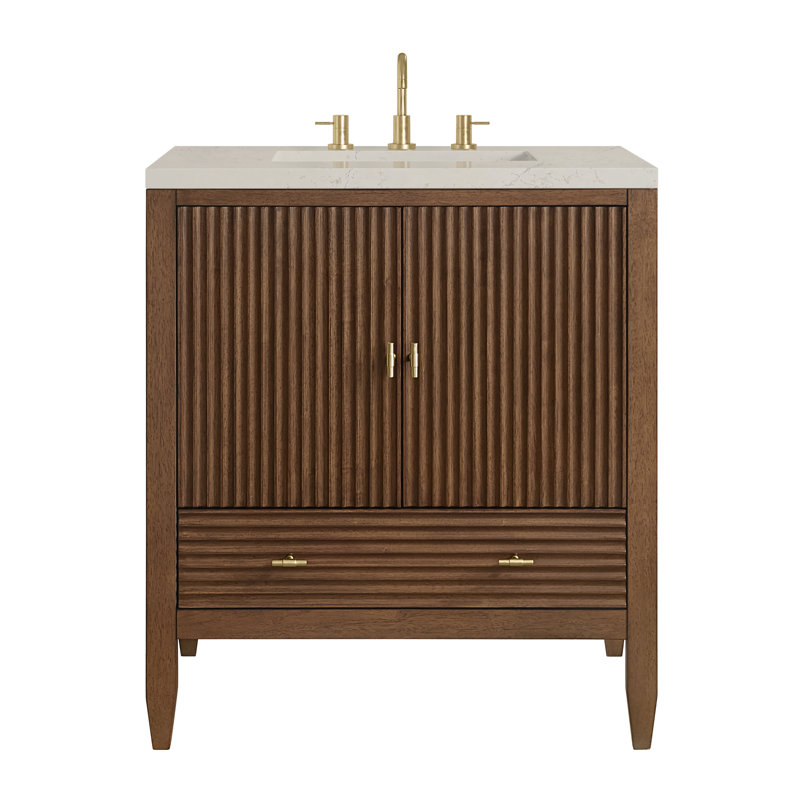 Myrrin 30" W Single Vanity, Siberian Silestone, Mid-Century Walnut, 8" Widespread