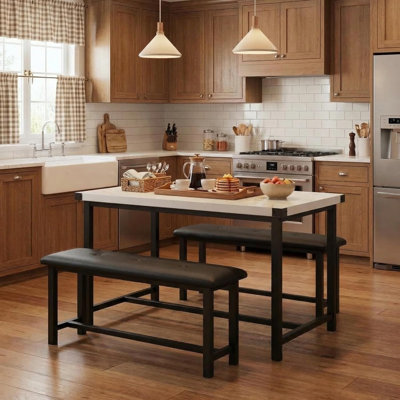 3-Piece Dining Set, Industrial Table with 2 Benches, Faux Marble Top, Metal Frame, Waterproof, White