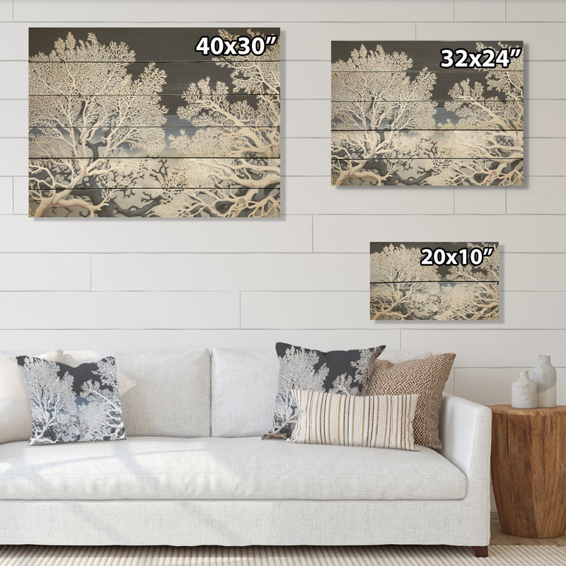 Abstrait coraux - corail côtier sous l'eau, art mural sur bois de pin naturel, H 10 po x l 20 po