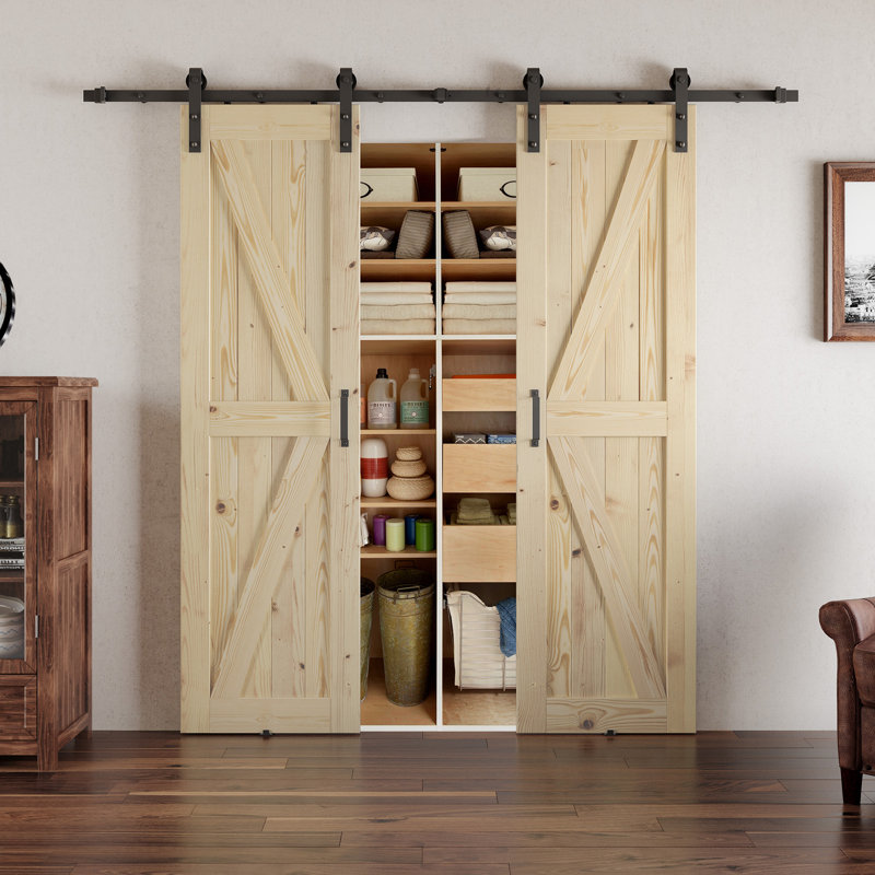 Portes de grange doubles à panneaux en bois massif non finis avec quincaillerie d'installation, 56 po x 84 po