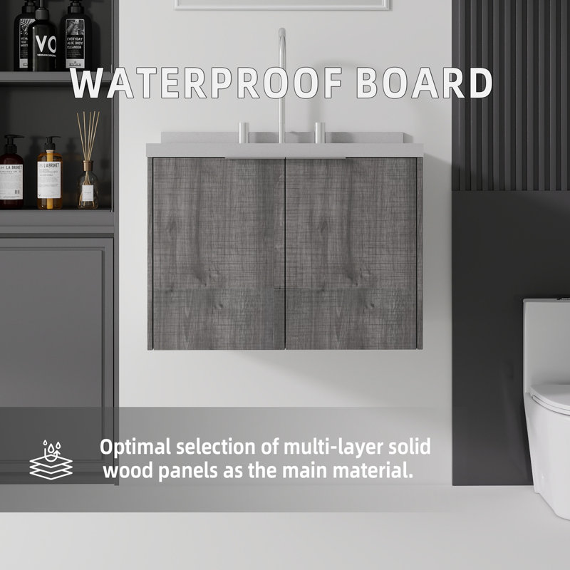 Meuble-lavabo flottant, avec lavabo, avec porte à fermeture en douceur, plateau en granite, contreplaqué, Light Grey, 24" W