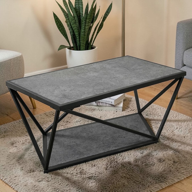 Vince Table basse rectangulaire gris / sable noir en faux marbre avec base géométrique en métal
