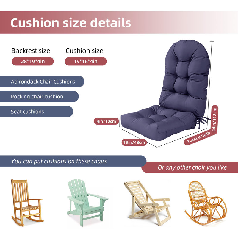 One-Piece Adirondack Chair Cushion - Water-Resistant UV-Protected Outdoor/Indoor Rocking Chair Cushion (44x19x4 Inches) with Non-Slip Bottom, Navy