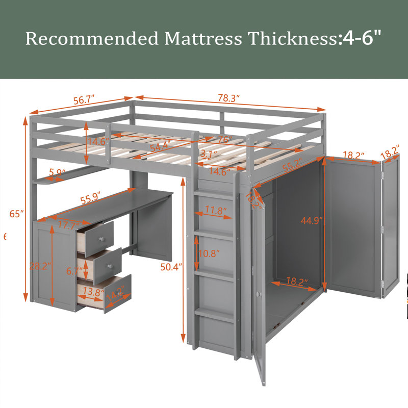 Granvel Kids Full Loft Bed with Drawers, Gray