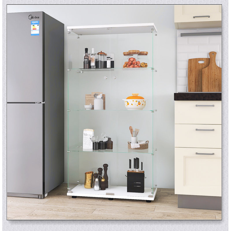 Two-door Glass Display Cabinet 4 Shelves with Door, Floor Standing Curio Bookshelf, White