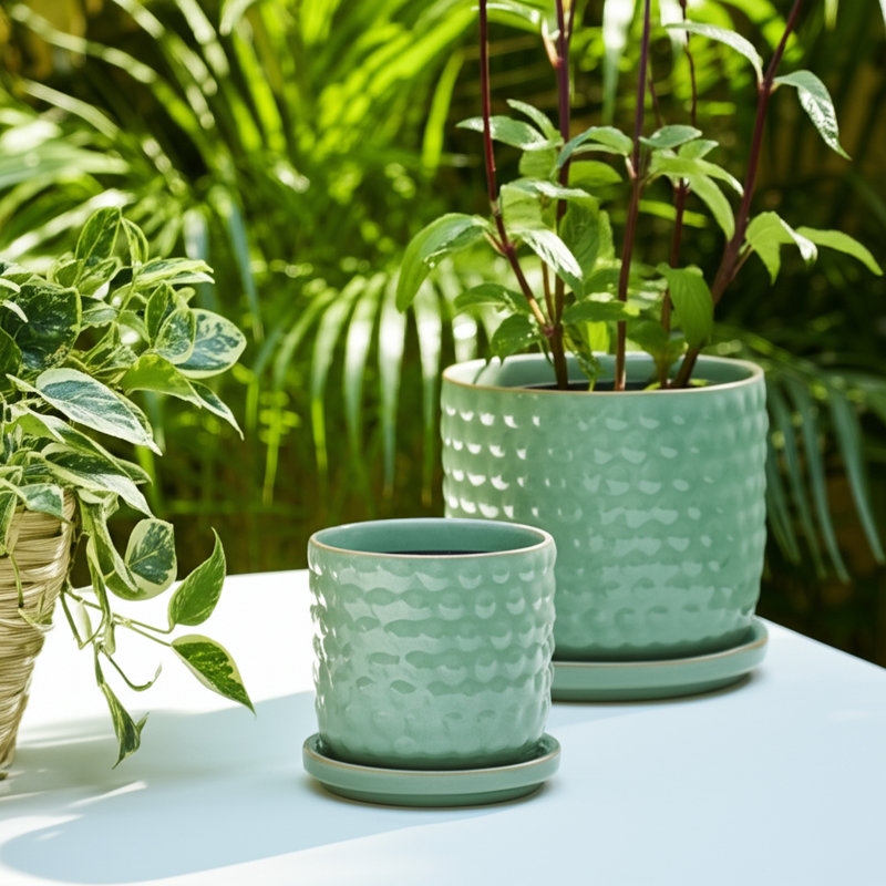 Set Of 2 Ceramic Planters With Textured Bubble Surface And Saucers - Modern Decorative Container Pots For Stylish Indoor Display And Versatile Plant Arrangements