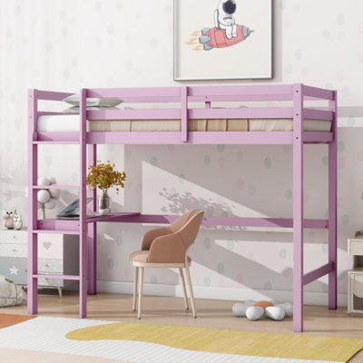 Twin High Loft Bed, Rubber Wood  Loft Bed with Safety Guardrail, built-in desk, ladder
