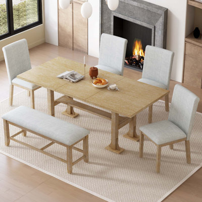 Farmhouse 76" 6-Piece Extendable Dining Table Set Trestle Kitchen Table Set by Ophelia & Co.