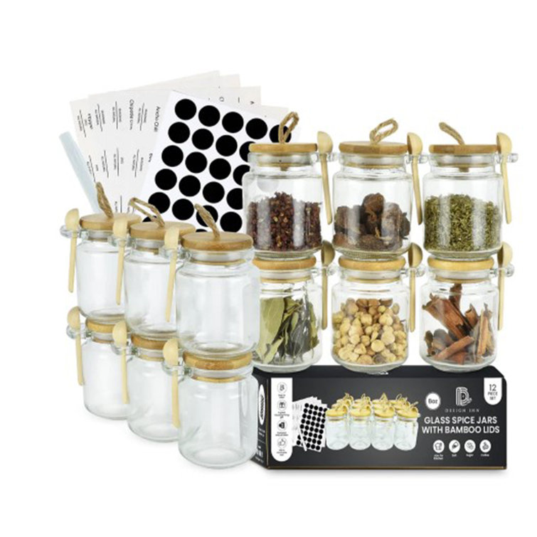 12 Airtight Glass Spice Jars with Bamboo Lids 8oz Spice Bottles White Spice Jars with Label & Spoon Design Inn