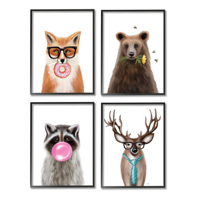 «Quirky Woodland Animal Portraits», ensemble de 4 impressions sur bois encadrées par Elizabeth Tyndall