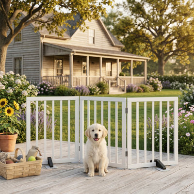Freestanding Foldable Wooden Dog Gate for House, 3 Panels 24" Tall with 2 Support Feet, for Doorways & Stairs, White