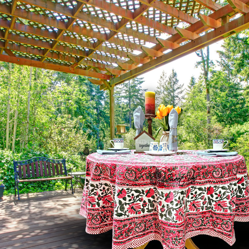 Block Print Cotton Floral Tablecloth White Red, 72" Round