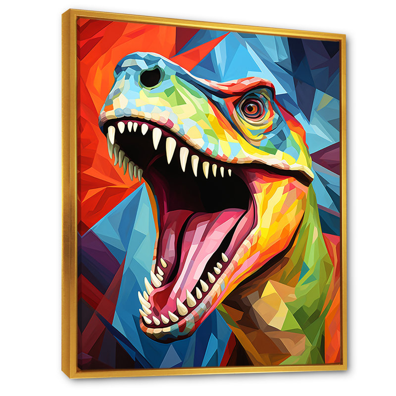 Cubiste coloré Trex Dino I - dinosaure, art mural, Cadre flottant doré, 20" H x 12" W