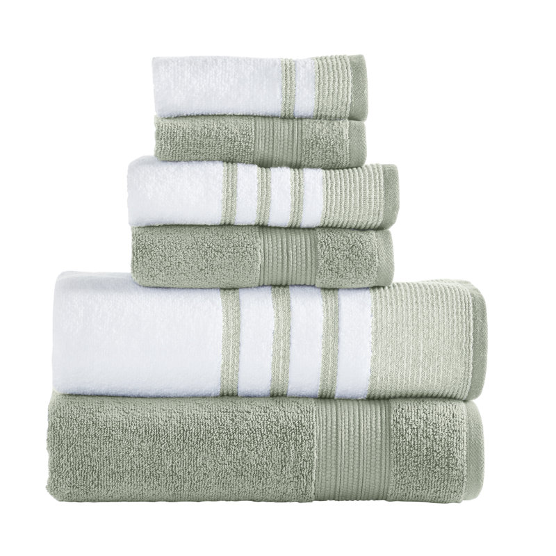 Modern Threads 6 Piece Set, 2 Bath Towels, 2 Hand Towels, 2 Washcloths, Quick Dry White/Contrast Reinhart, Sage