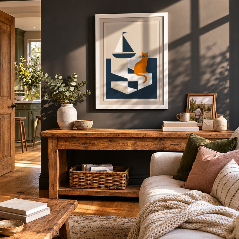 Cat and Sailboat Mid-Century - Framed Print, A4 - 29.7 x 21.0 cm, White