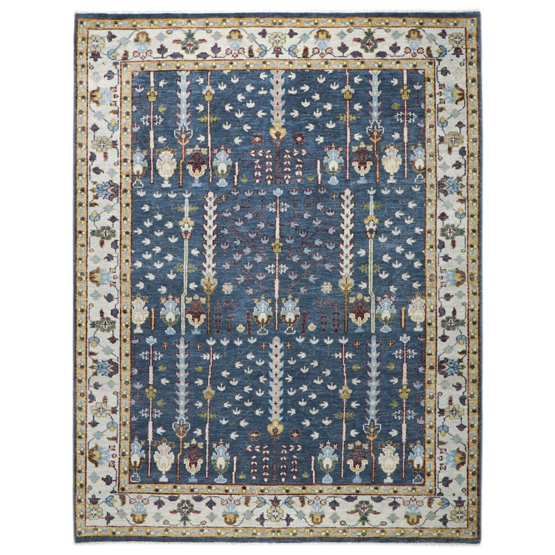 Tapis transitionnel bleu en laine noué à la main 8 pi 10 po x 12 po Oushak