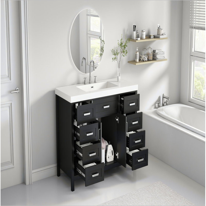 Meuble-lavabo 48 po avec lavabo, 2 portes et 8 tiroirs, système de fermeture en douceur, conception classique, Noir