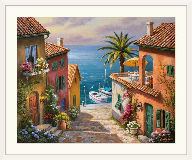 " The Villas Private Dock " by Sung Kim, White Frame, 32" H x 38" W x 1" D