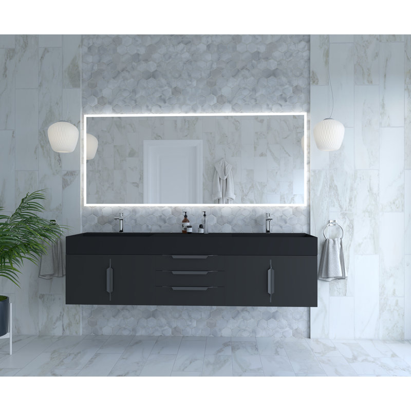 Ensemble de meuble-lavabo mural simple l 72 po Clelie, Noir, Noir, Bleu