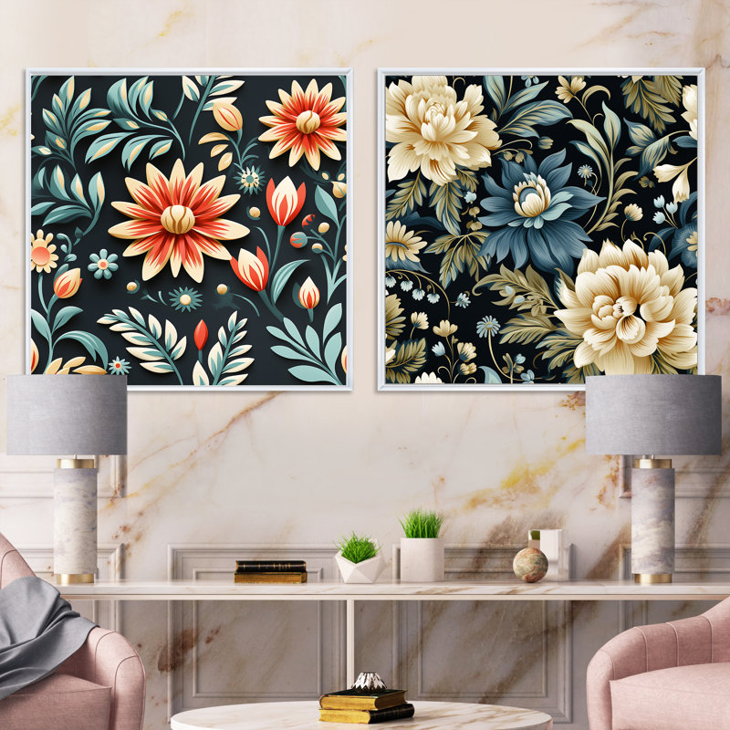 Pericles - Ensemble de 2 collages carrés botaniques abstraits, Cadre flottant blanc, H 16 po x l 33 po