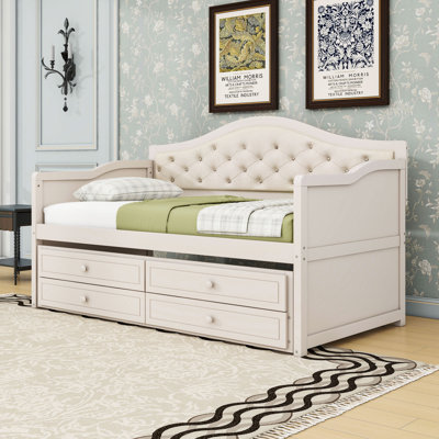 Twin Two Drawers Wooden Daybed with Trundle and Upholstered Backrest