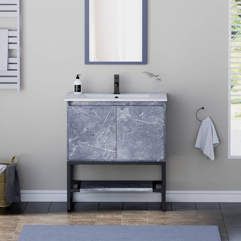 Azai 30'' Modern Single Bathroom Vanity Set with Sink Top, Faucet, Open Shelf, Metal Frame, Gray