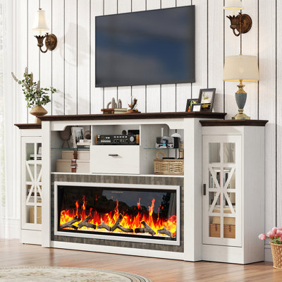 Meuble télé 91,6 "avec foyer électrique pour foyer de 50 po - Meuble télé de 42 po pour téléviseur de 90 po ou moins avec station de charge et grand espace de rangement, blanc antique