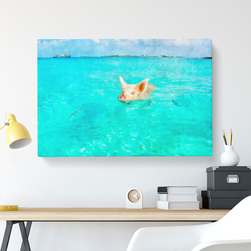 Swimming Pig - Wrapped Canvas Print, 35cm H x 76cm W x 3cm D