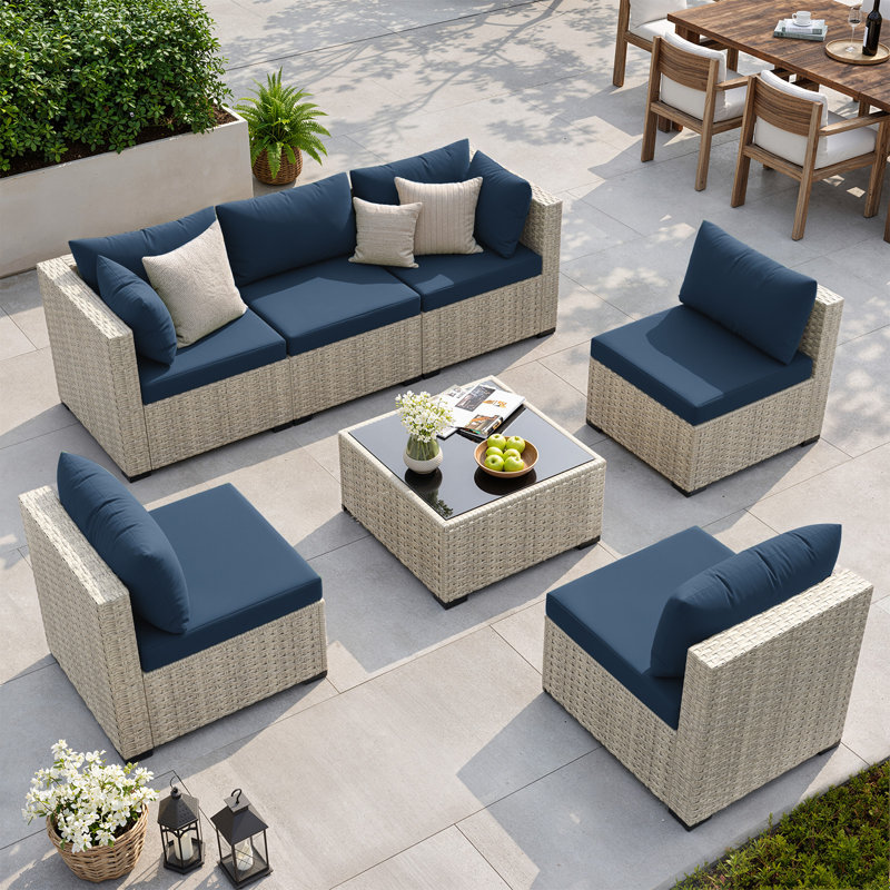 Ensemble de conversation de patio 7 pièces avec table basse et coussins, Gris, Marine