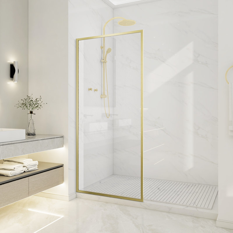 Welle 74 In. X 34 In. Framed Fixed Shower Screen Door In Brushed Gold With 5/16" (8Mm) Tempered Clear Glass, Clear
