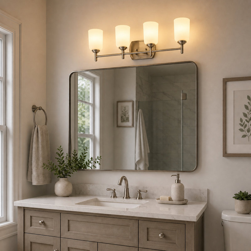 Éclairage pour salle de bain en nickel satiné à 4 lumières Laurelhurst, 29,25 po de largeur, verre blanc givré, acier, à intensité variable, compatible DEL, fixation réversible