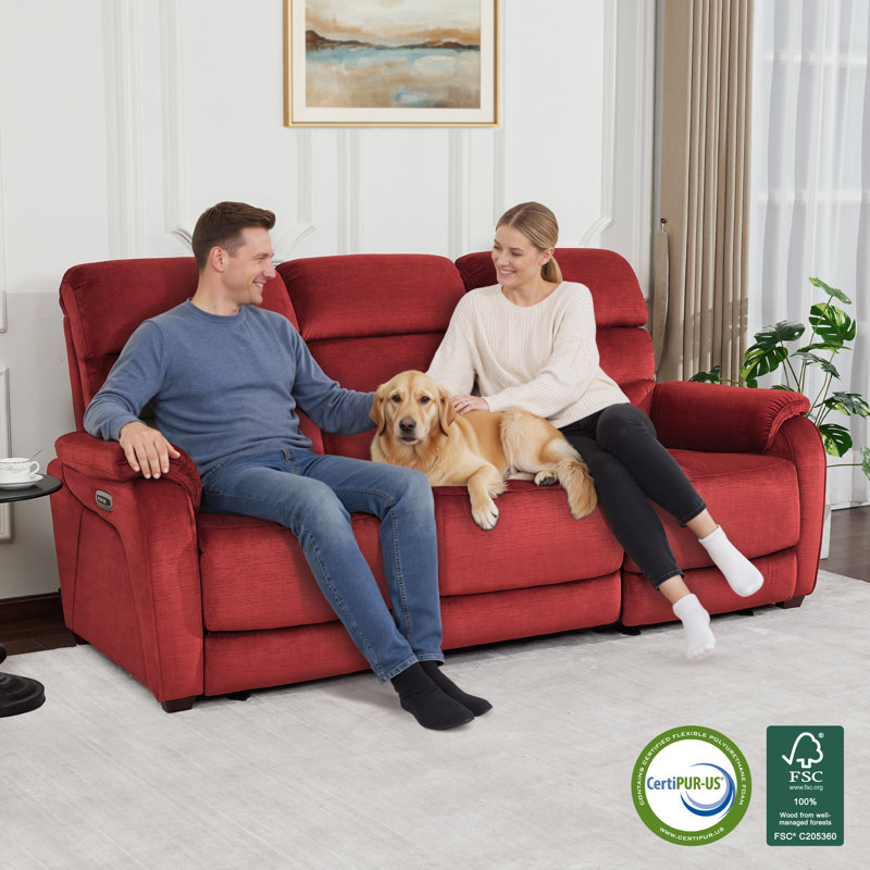 Power Reclining Sofa with Drop Down Table, Touch light, 3-Seat Recliner Couch with Adjustable Headrest, Burgundy